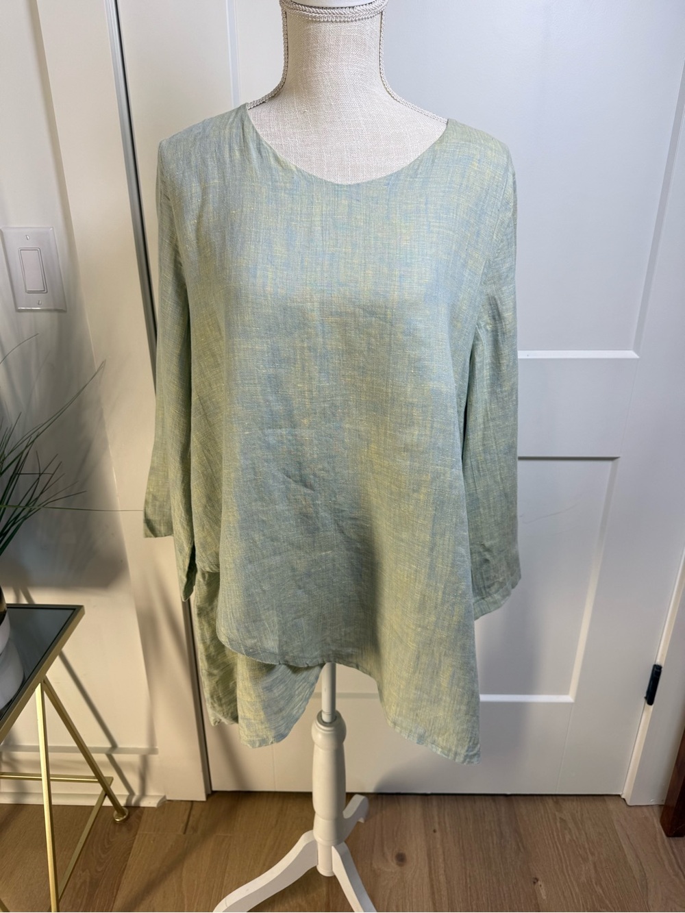 Yuvita 100% Linen Asymmetrical Layered Tunic Top Sage Green Size Small Boho